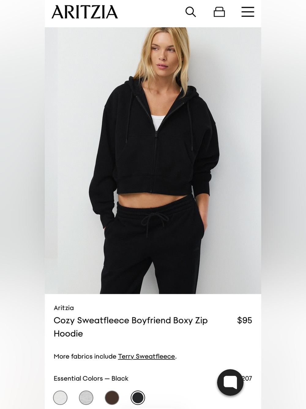 Aritzia Cozy Sweatfleece Boyfriend Boxy Zip Hoodie